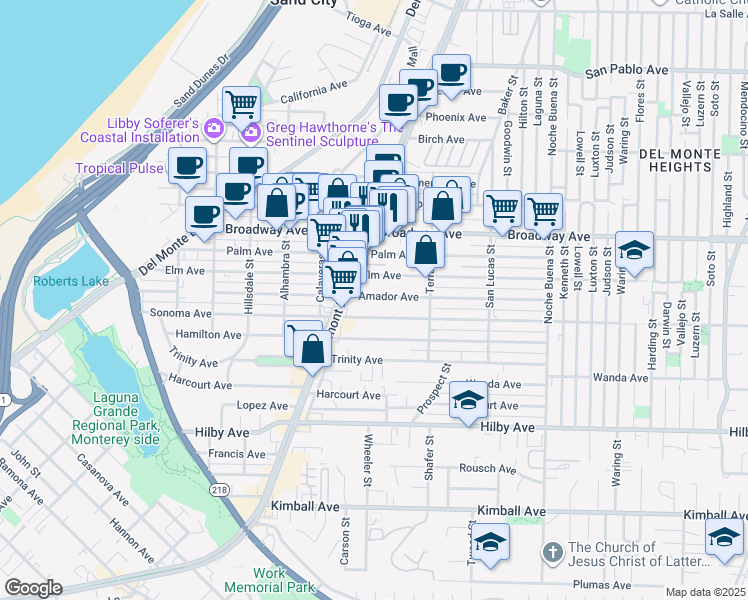 map of restaurants, bars, coffee shops, grocery stores, and more near 1000 Elm Avenue in Seaside
