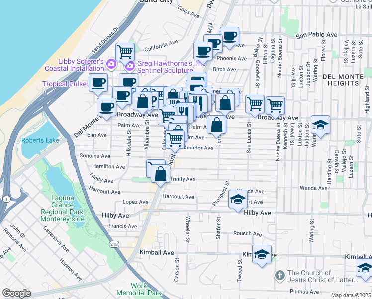 map of restaurants, bars, coffee shops, grocery stores, and more near 1000 Elm Avenue in Seaside