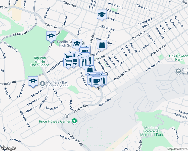map of restaurants, bars, coffee shops, grocery stores, and more near 1118 Seaview Avenue in Pacific Grove