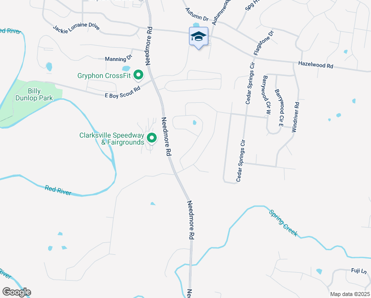 map of restaurants, bars, coffee shops, grocery stores, and more near 1432 Needmore Road in Clarksville