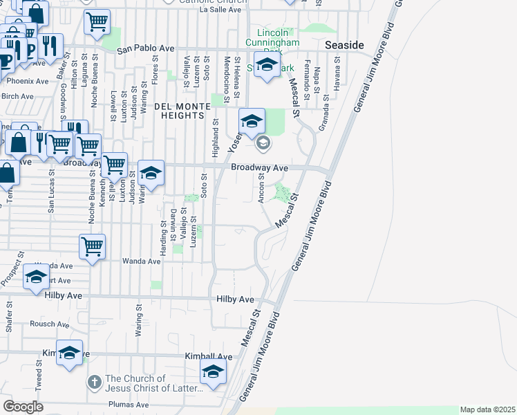map of restaurants, bars, coffee shops, grocery stores, and more near 1495 Ancon Street in Seaside