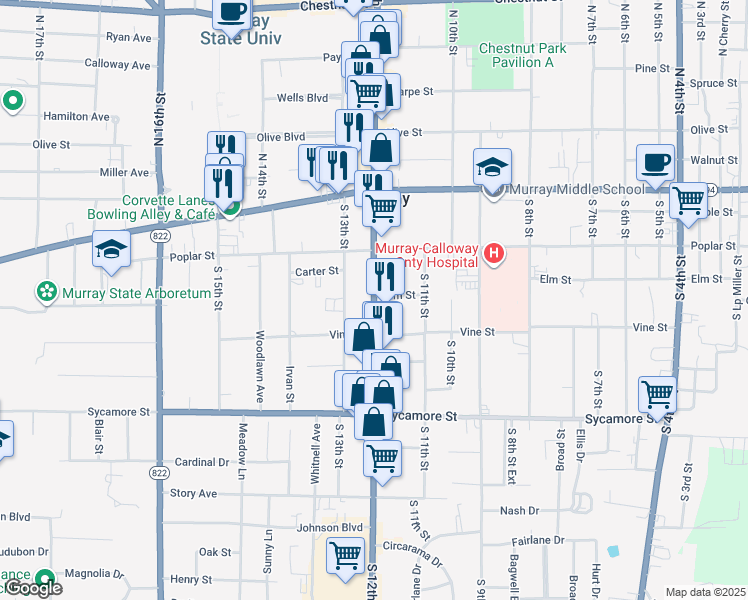 map of restaurants, bars, coffee shops, grocery stores, and more near 222 South 12th Street in Murray