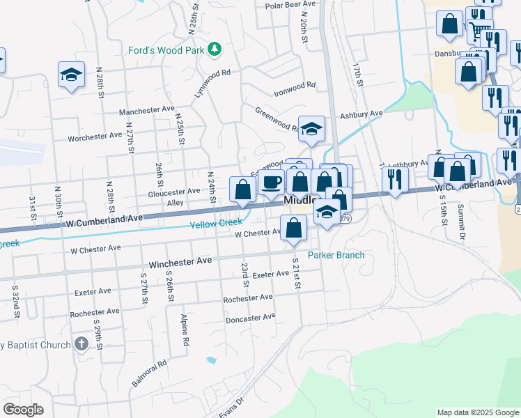 map of restaurants, bars, coffee shops, grocery stores, and more near 2215 West Cumberland Avenue in Middlesboro