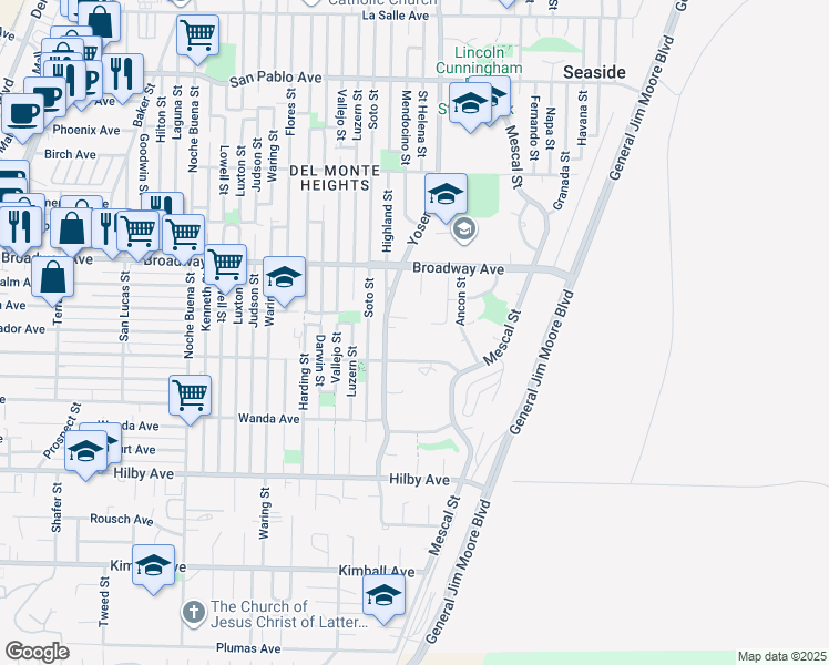 map of restaurants, bars, coffee shops, grocery stores, and more near 1466 Yosemite Street in Seaside