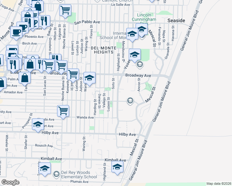 map of restaurants, bars, coffee shops, grocery stores, and more near 1530 Yosemite Street in Seaside