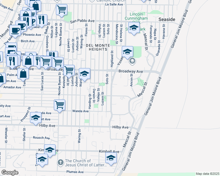 map of restaurants, bars, coffee shops, grocery stores, and more near 1455 Yosemite Street in Seaside