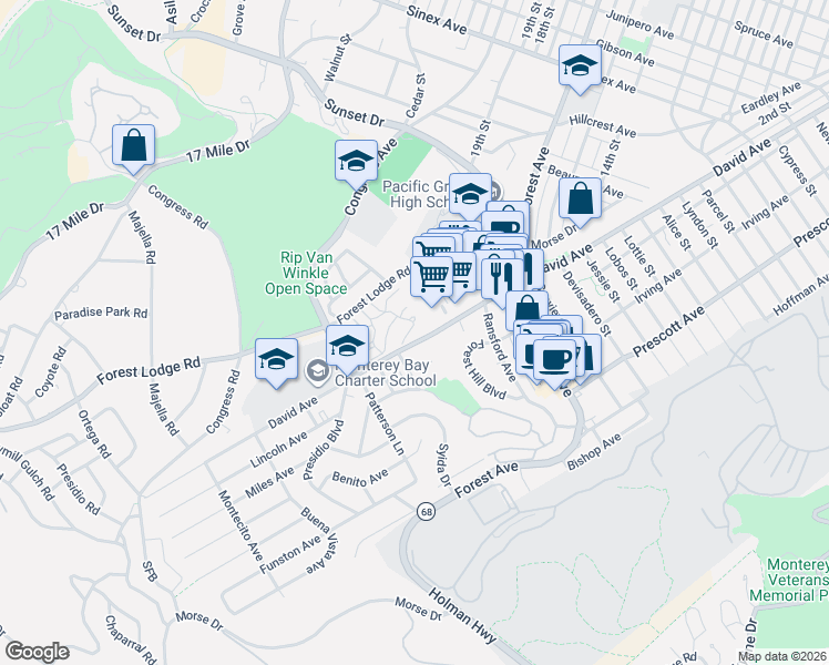 map of restaurants, bars, coffee shops, grocery stores, and more near 200 Country Club Gate Center in Pacific Grove