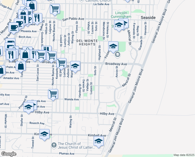map of restaurants, bars, coffee shops, grocery stores, and more near 1455 Yosemite Street in Seaside