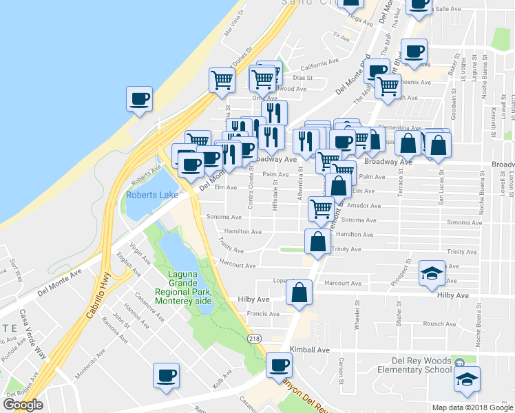 map of restaurants, bars, coffee shops, grocery stores, and more near 520 Amador Avenue in Seaside