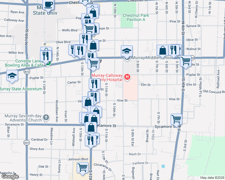 map of restaurants, bars, coffee shops, grocery stores, and more near 203 South 11th Street in Murray