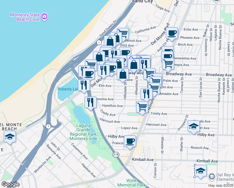 map of restaurants, bars, coffee shops, grocery stores, and more near 520 Amador Avenue in Seaside