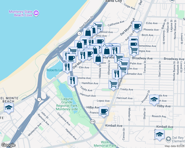 map of restaurants, bars, coffee shops, grocery stores, and more near 1440 Contra Costa Street in Seaside