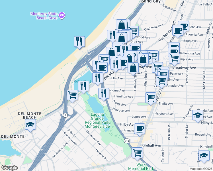 map of restaurants, bars, coffee shops, grocery stores, and more near 490 Del Monte Boulevard in Seaside