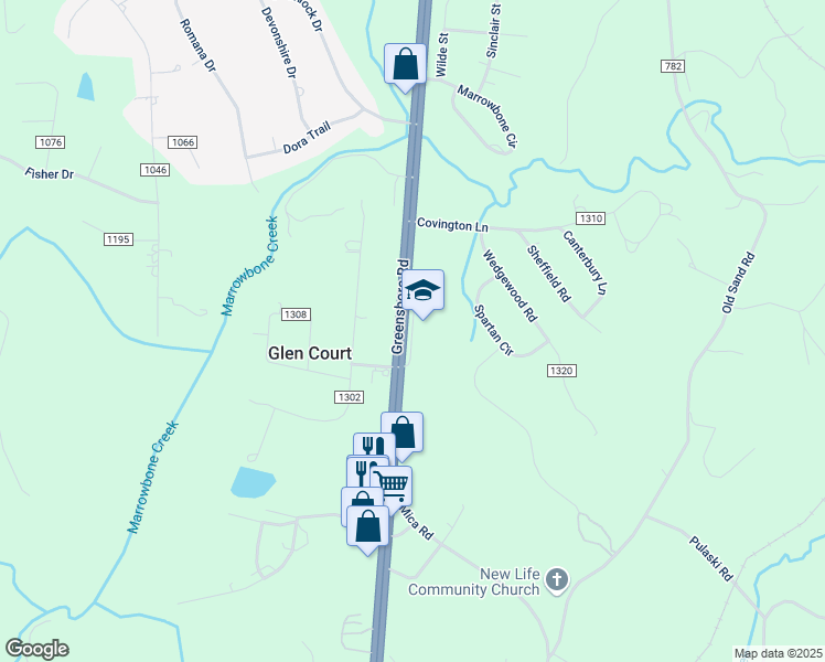 map of restaurants, bars, coffee shops, grocery stores, and more near 45 Drewry Mason School Road in Ridgeway