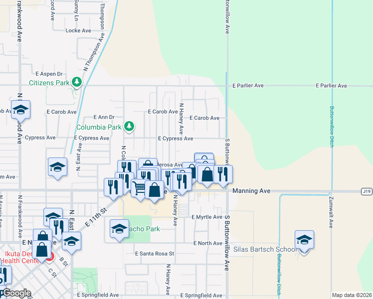 map of restaurants, bars, coffee shops, grocery stores, and more near 1358 East Cypress Avenue in Reedley