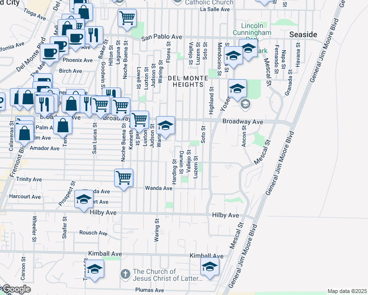 map of restaurants, bars, coffee shops, grocery stores, and more near 1489 Elm Avenue in Seaside