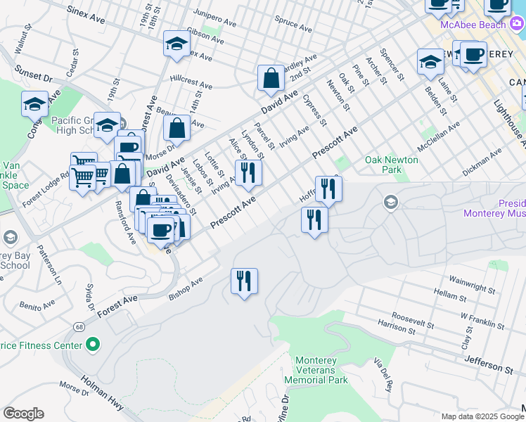 map of restaurants, bars, coffee shops, grocery stores, and more near 699 Taylor Street in Monterey
