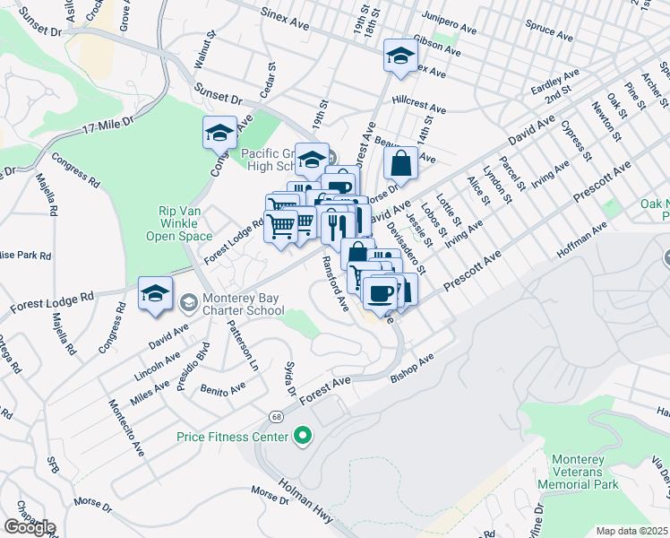 map of restaurants, bars, coffee shops, grocery stores, and more near 1104 Forest Avenue in Pacific Grove