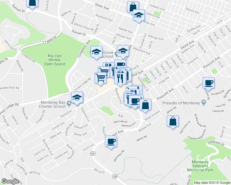 map of restaurants, bars, coffee shops, grocery stores, and more near 2815 David Avenue in Pacific Grove