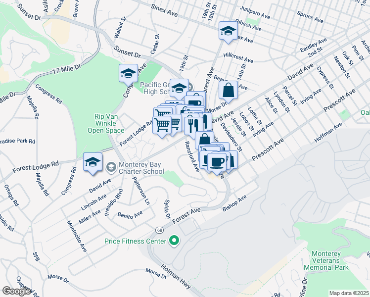 map of restaurants, bars, coffee shops, grocery stores, and more near 2815 David Avenue in Pacific Grove