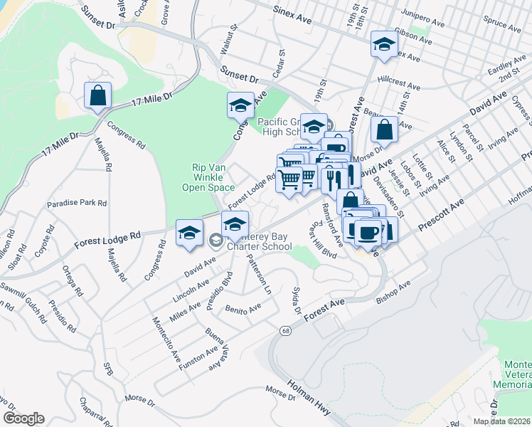 map of restaurants, bars, coffee shops, grocery stores, and more near 610 Acorn Court in Pacific Grove