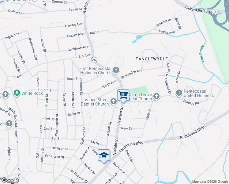 map of restaurants, bars, coffee shops, grocery stores, and more near 121 Clement Avenue in Danville