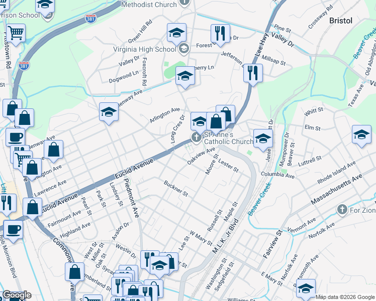 map of restaurants, bars, coffee shops, grocery stores, and more near 301 Euclid Avenue in Bristol