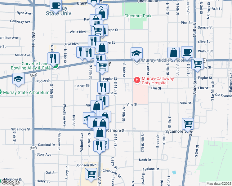 map of restaurants, bars, coffee shops, grocery stores, and more near 203 South 11th Street in Murray
