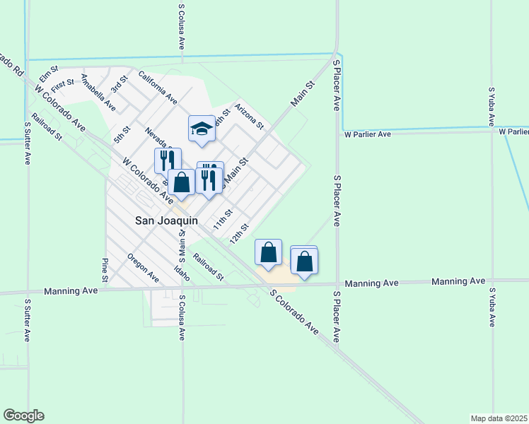 map of restaurants, bars, coffee shops, grocery stores, and more near 8688 12th Street in San Joaquin