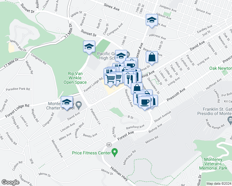 map of restaurants, bars, coffee shops, grocery stores, and more near 2815 David Avenue in Pacific Grove