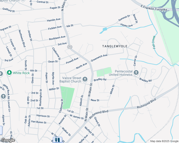 map of restaurants, bars, coffee shops, grocery stores, and more near 1653 North Main Street in Danville