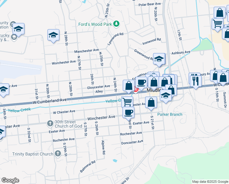 map of restaurants, bars, coffee shops, grocery stores, and more near Alley in Middlesboro