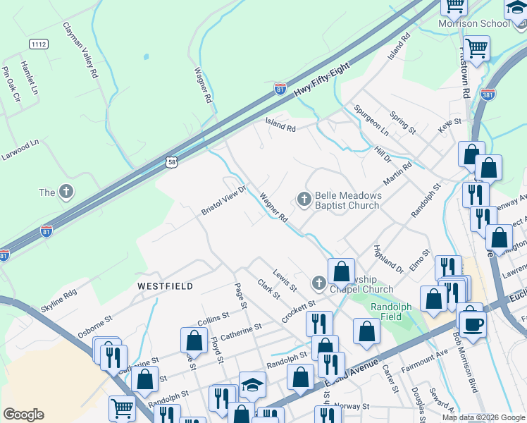 map of restaurants, bars, coffee shops, grocery stores, and more near 839-899 Wagner Rd in Bristol