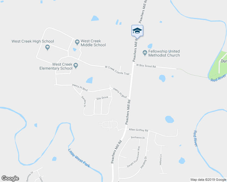 map of restaurants, bars, coffee shops, grocery stores, and more near 2199 Bandera Drive in Clarksville