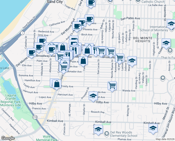 map of restaurants, bars, coffee shops, grocery stores, and more near 1136 Elm Avenue in Seaside