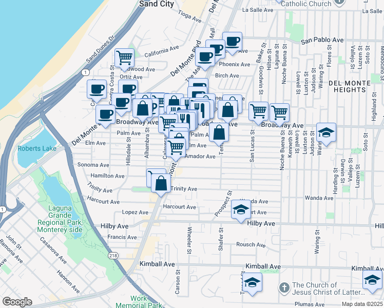 map of restaurants, bars, coffee shops, grocery stores, and more near 971 Amador Avenue in Seaside