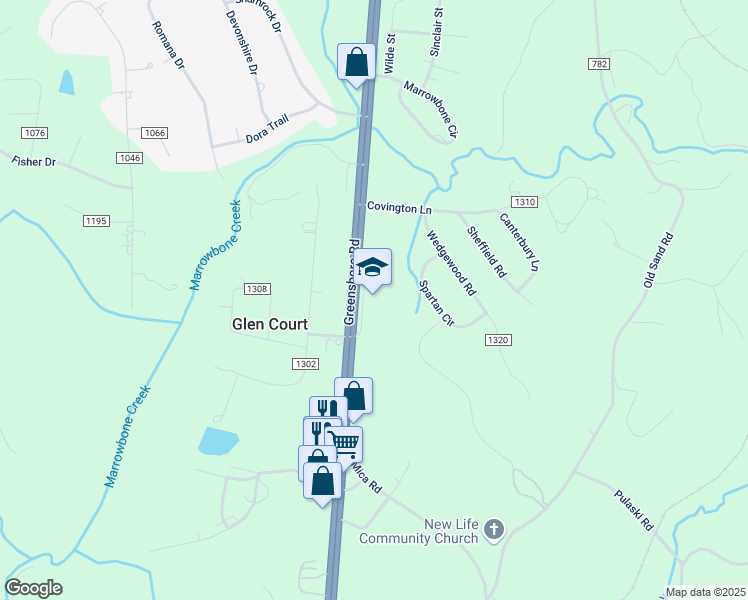 map of restaurants, bars, coffee shops, grocery stores, and more near 45 Drewry Mason School Road in Ridgeway