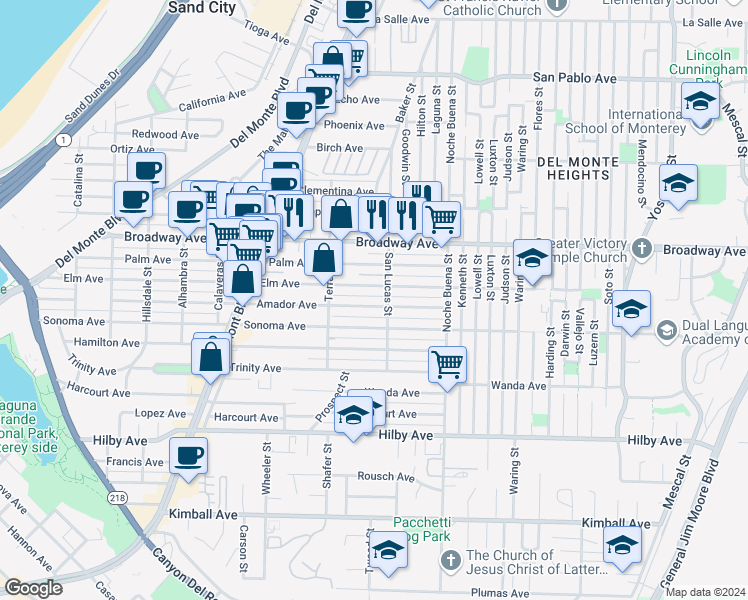 map of restaurants, bars, coffee shops, grocery stores, and more near 1192 Elm Avenue in Seaside