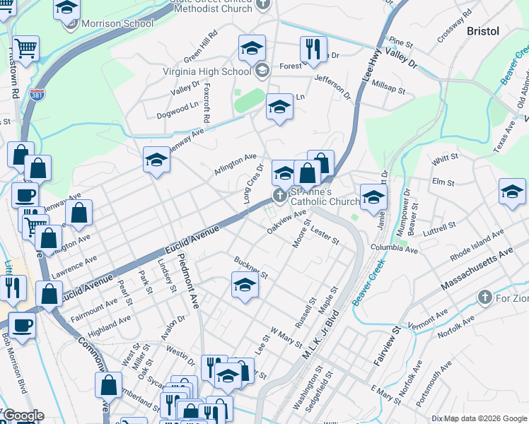 map of restaurants, bars, coffee shops, grocery stores, and more near 301 Euclid Avenue in Bristol