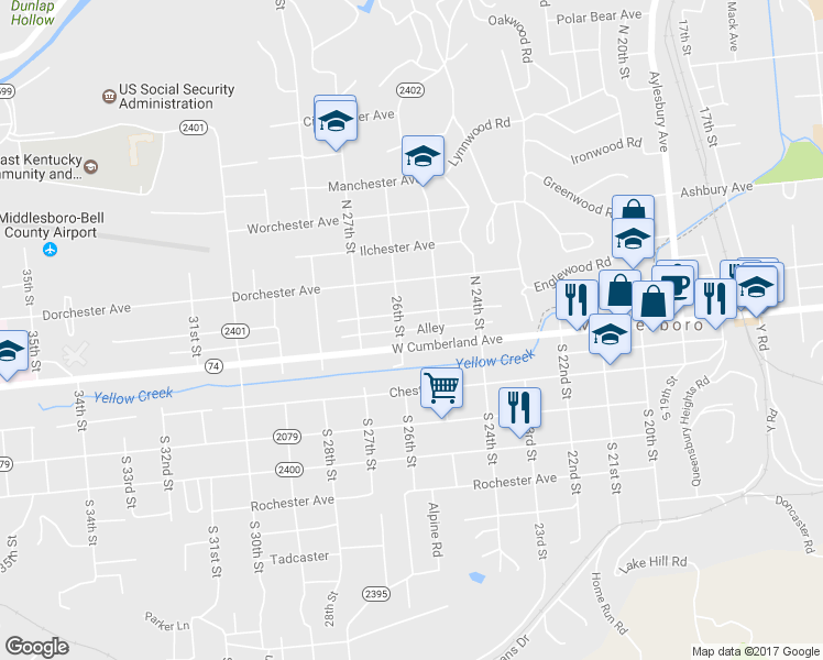 map of restaurants, bars, coffee shops, grocery stores, and more near Alley in Middlesboro