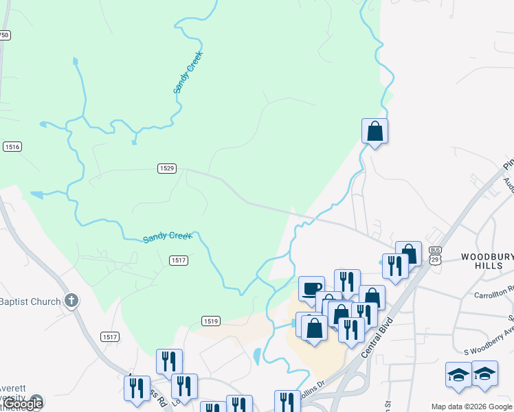 map of restaurants, bars, coffee shops, grocery stores, and more near County Road 1529 in Danville