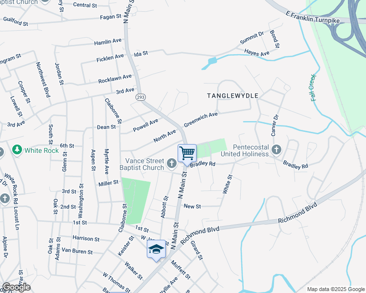 map of restaurants, bars, coffee shops, grocery stores, and more near 1653 North Main Street in Danville