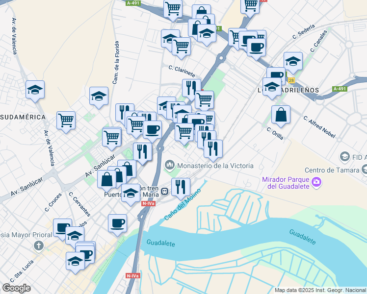 map of restaurants, bars, coffee shops, grocery stores, and more near 3Acc Calle Andrómeda in El Puerto de Santa María