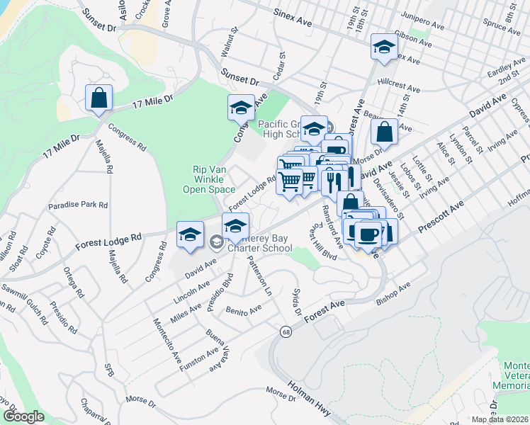 map of restaurants, bars, coffee shops, grocery stores, and more near 610 Acorn Court in Pacific Grove
