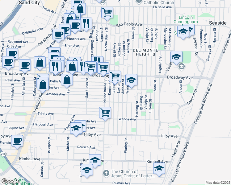 map of restaurants, bars, coffee shops, grocery stores, and more near 1512 Lowell Street in Seaside
