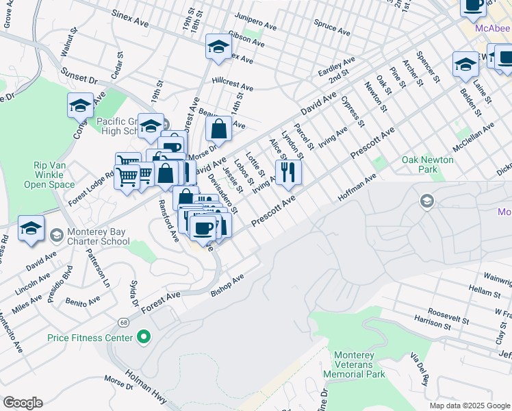 map of restaurants, bars, coffee shops, grocery stores, and more near 795 Jessie Street in Monterey
