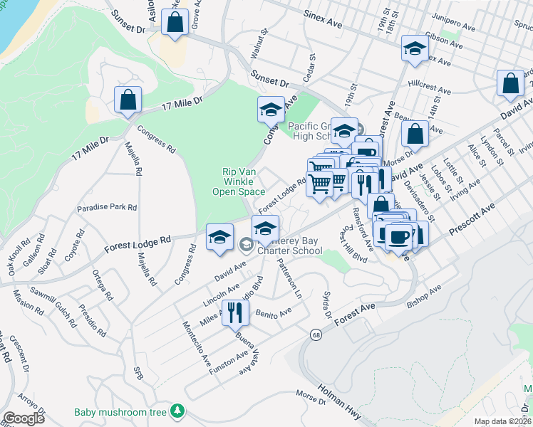 map of restaurants, bars, coffee shops, grocery stores, and more near 802 Brentwood Court in Pacific Grove