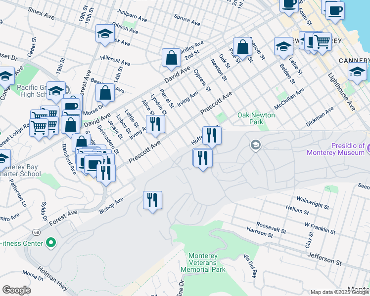 map of restaurants, bars, coffee shops, grocery stores, and more near 660 Alice Street in Monterey