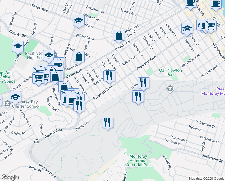 map of restaurants, bars, coffee shops, grocery stores, and more near 699 Taylor Street in Monterey