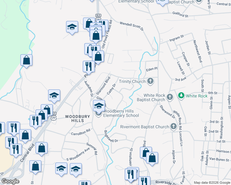 map of restaurants, bars, coffee shops, grocery stores, and more near 207 Cathy Drive in Danville